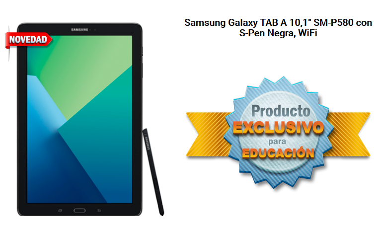 Tableta específica para Educación de venta en exclusiva en GlobalNET Solutions Samsung Galaxy TAB A 10,1" SM-P580 con S-Pen Negra, WiFi
